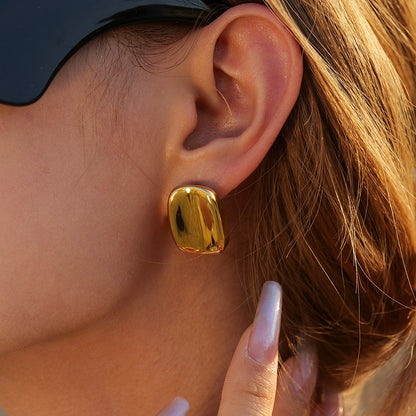 Gold Button Rectangular Drop Stud Earrings